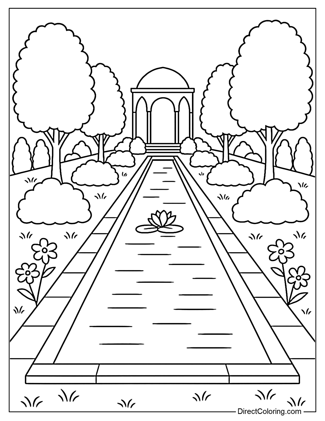 Persian garden coloring page with pond, symmetrical trees, walkways and arches.